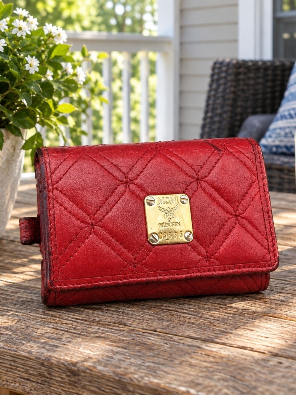 MCM Quilted Red Leather Keyholder Wallet with Gold Plaque